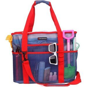Mesh Beach Bag 40L Large with 9 Pockets Bags Blue and Red